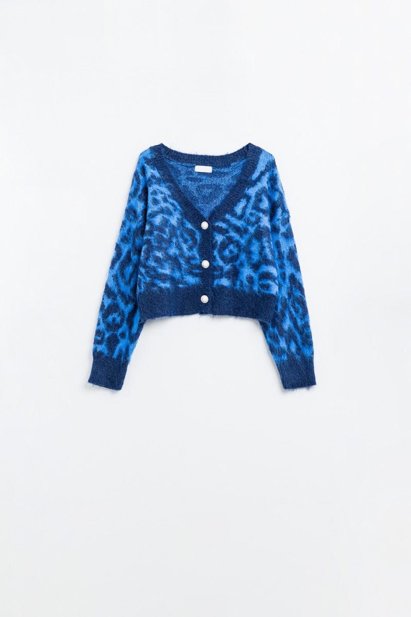 q2 women s sweater one size blue blue leopard print cardigan made of knitted fabric with wool blue leopard print cardigan made of knitted fabric with wool 1610208 63024 2610300821014 41960327545090