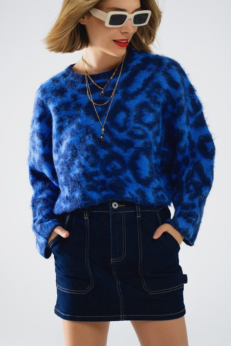 q2 women s sweater one size blue blue leopard print sweater made of knitted fabric with wool blue leopard print sweater made of knitted fabric with wool 5567146 63028 2610700821010 41960330199298