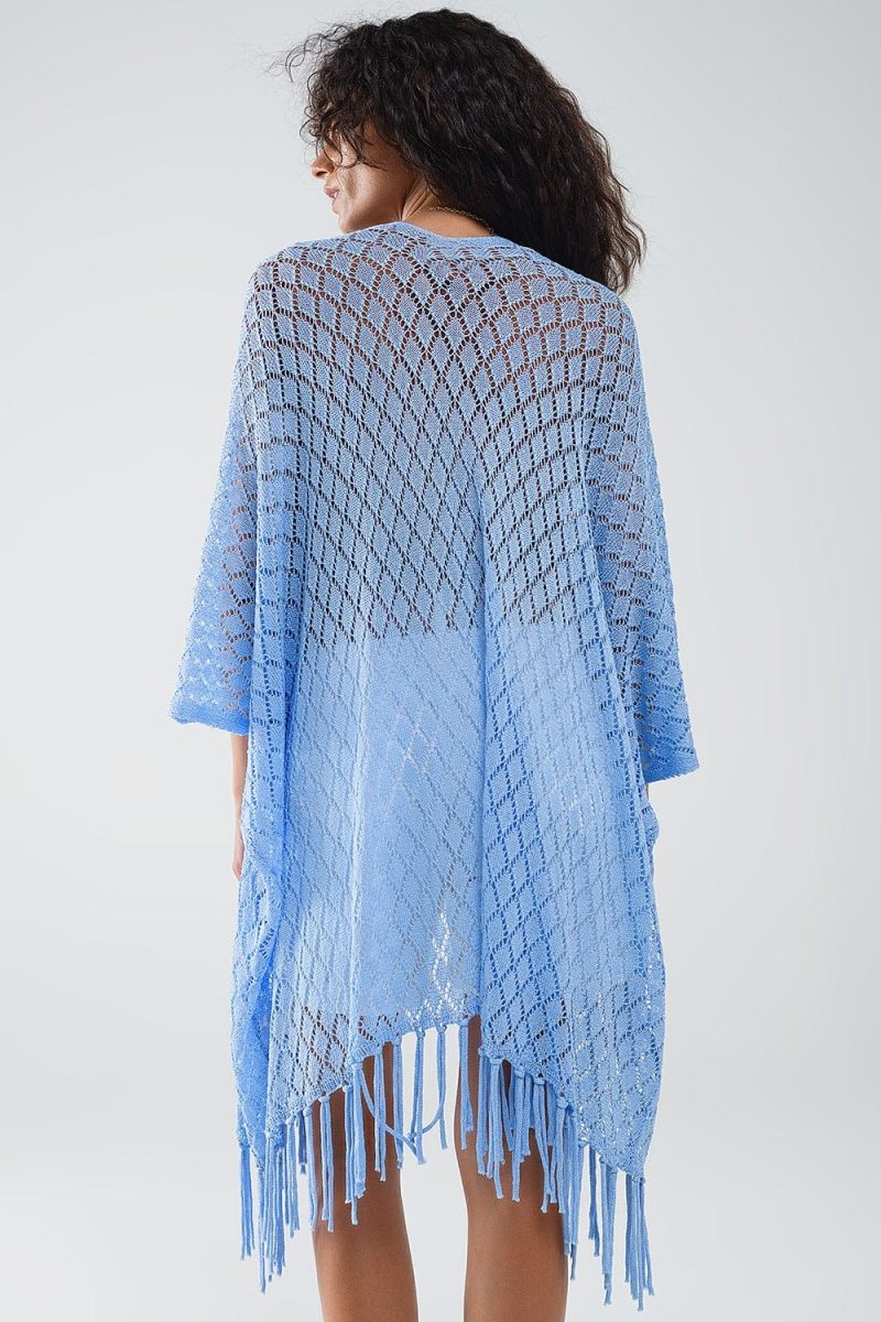 q2 women s sweater one size blue blue open cardigan with fringe ends and 3 4 sleeves blue open cardigan with fringe ends and 3 4 sleeves 1459908 60520 2505800821018 41100323094786