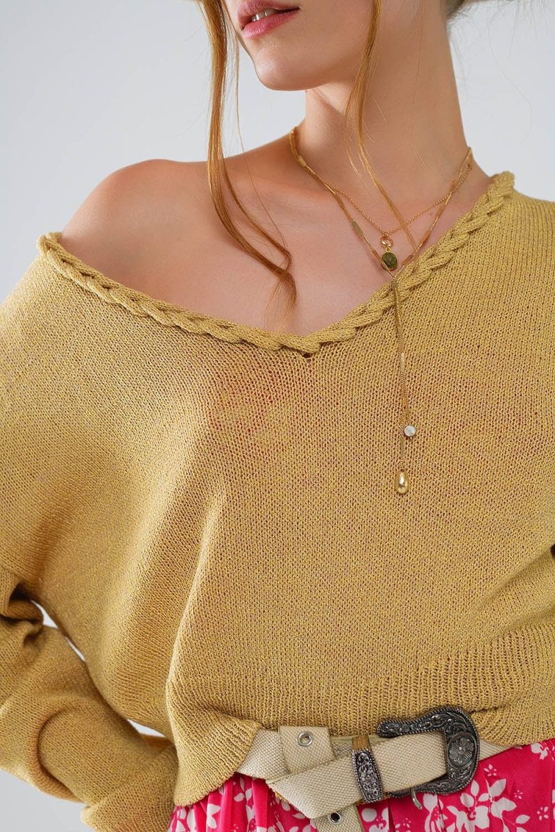 q2 women s sweater one size brown wide v neck light sweater with braided detail in gold wide v neck light sweater with braided detail in gold 5461131 58775 2467903121016 41045653913858