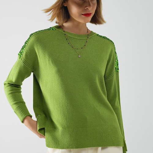 q2 women s sweater one size green green long sleeves sweater with sequins on the shoulders green long sleeves sweater with sequins on the shoulders 5557113 63033 2611201321016 42115285188866