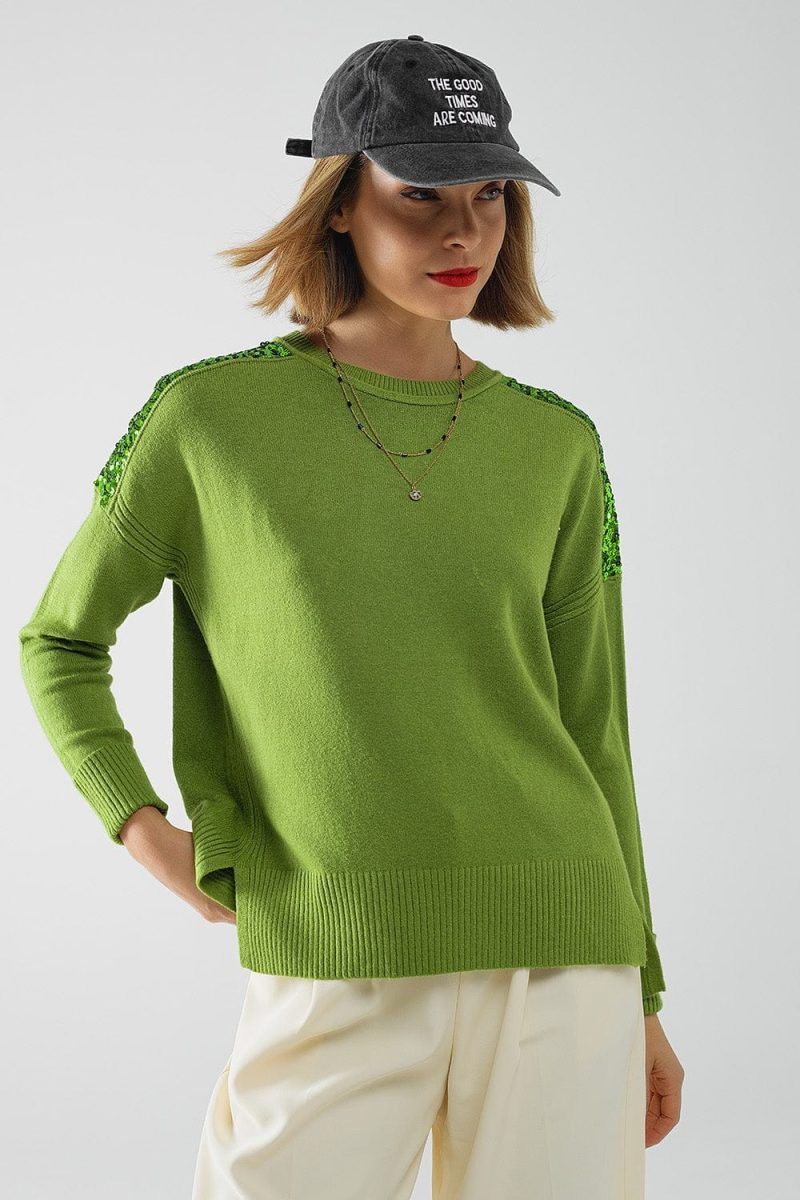 q2 women s sweater one size green green long sleeves sweater with sequins on the shoulders green long sleeves sweater with sequins on the shoulders 5557113 63033 2611201321016 42115285188866