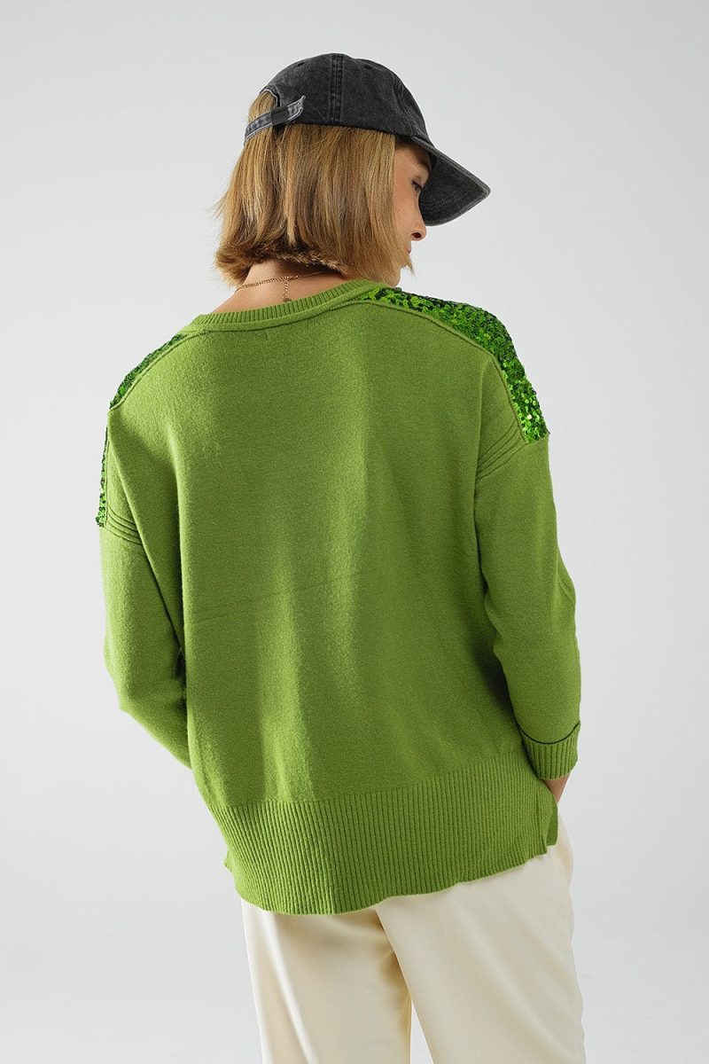 q2 women s sweater one size green green long sleeves sweater with sequins on the shoulders green long sleeves sweater with sequins on the shoulders 5557113 63033 2611201321016 42115285221634