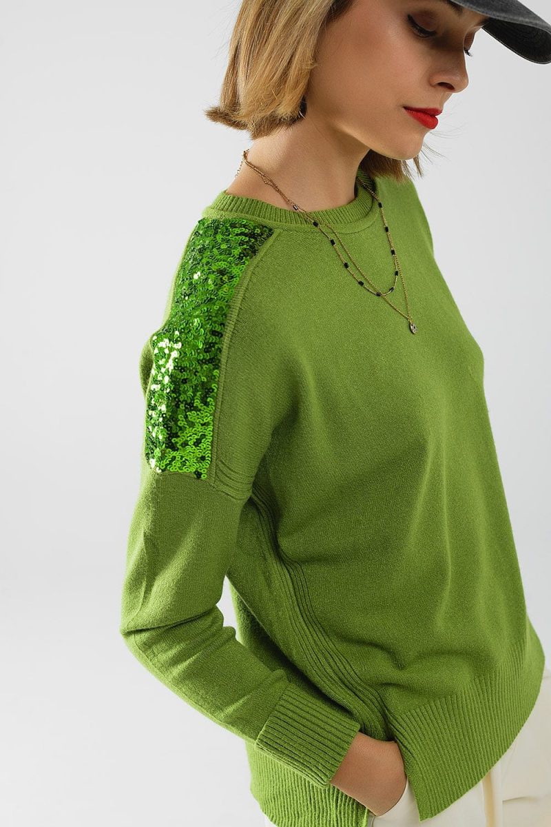 q2 women s sweater one size green green long sleeves sweater with sequins on the shoulders green long sleeves sweater with sequins on the shoulders 5557113 63033 2611201321016 42115285287170