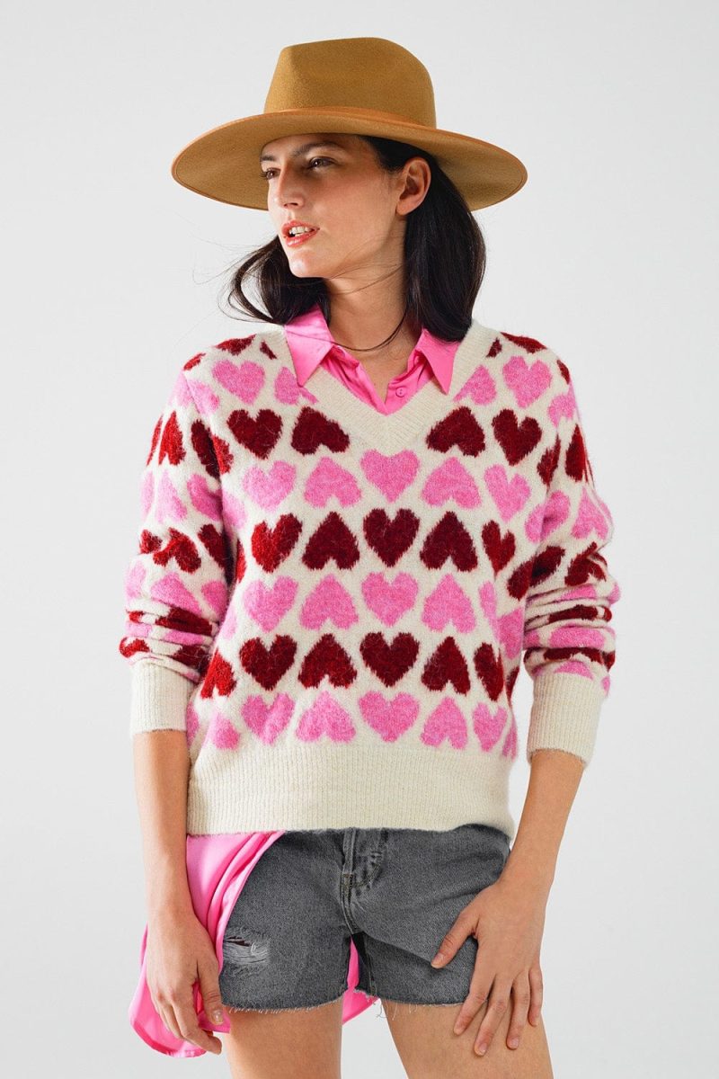 q2 women s sweater one size pink cozy white sweater with pink hearts 5604426 62937 2604402621016 41749775810818