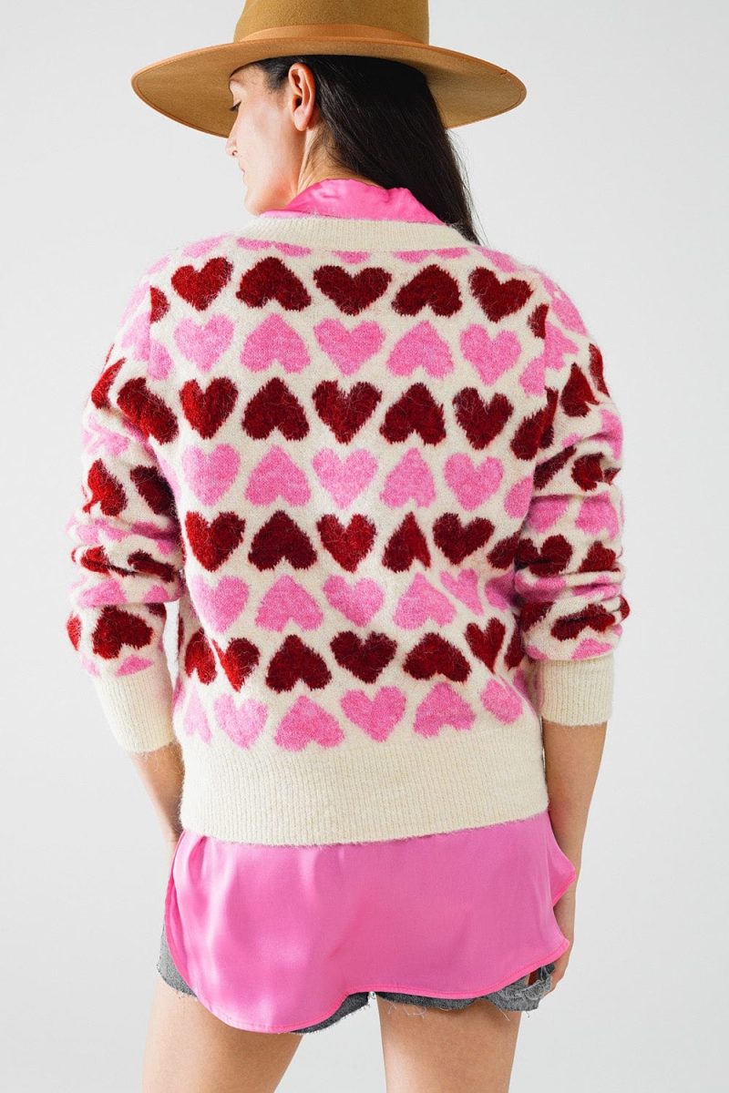 q2 women s sweater one size pink cozy white sweater with pink hearts 5604426 62937 2604402621016 41749775843586