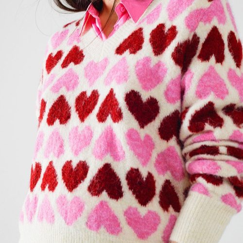 q2 women s sweater one size pink cozy white sweater with pink hearts 5604426 62937 2604402621016 41749775909122