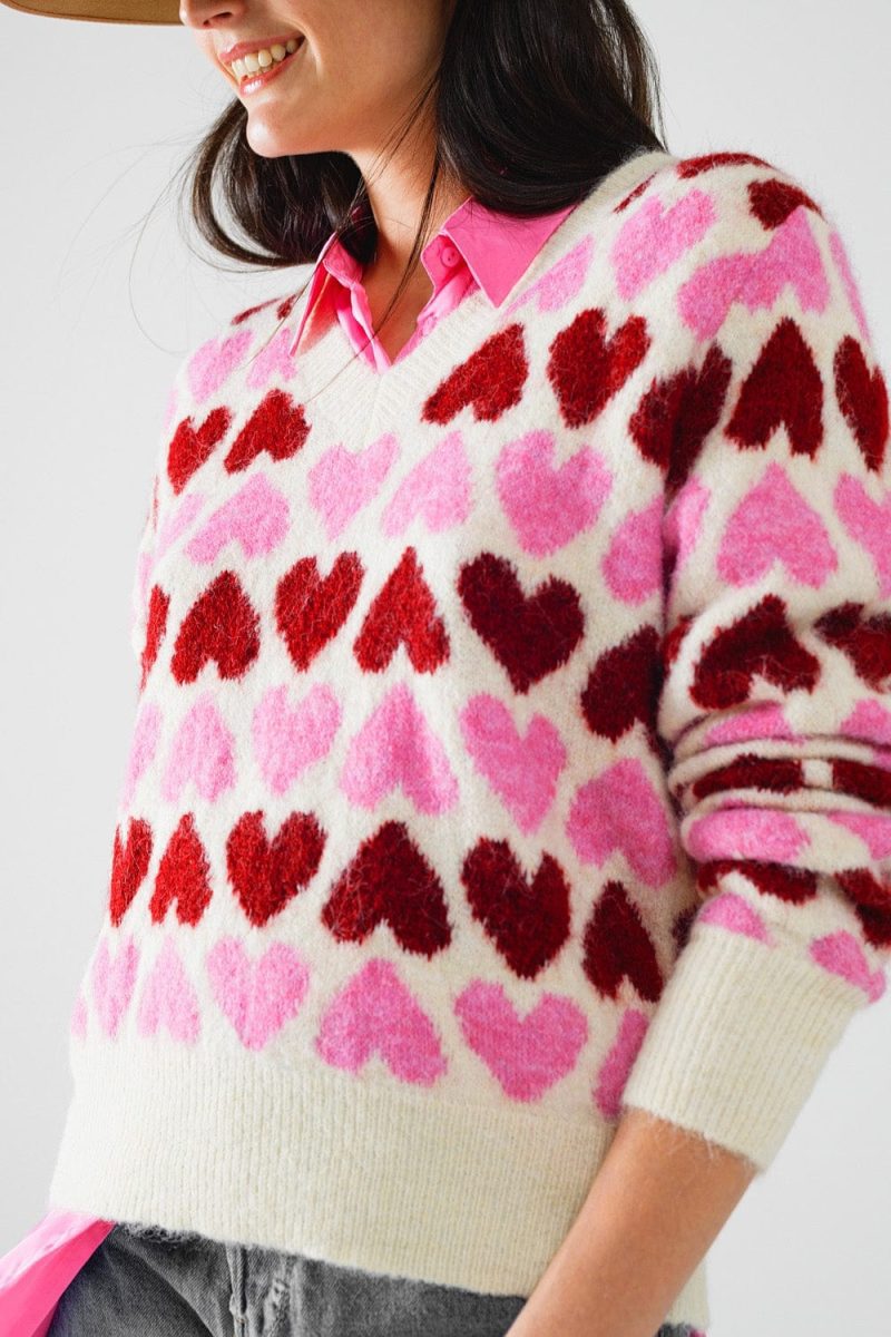 q2 women s sweater one size pink cozy white sweater with pink hearts 5604426 62937 2604402621016 41749775909122