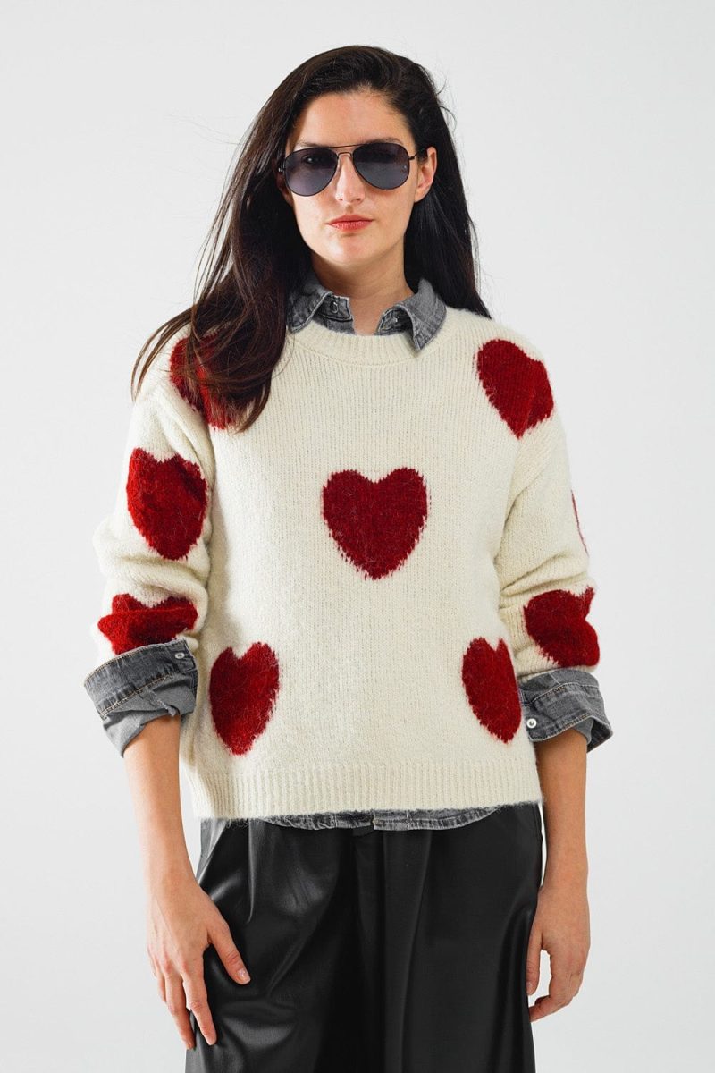 q2 women s sweater one size white cozy white sweater with red hearts cozy white sweater with red hearts 5604206 62936 2604300621019 41881160679682