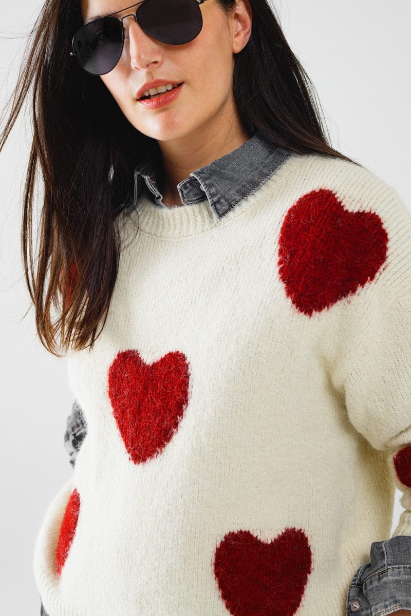 q2 women s sweater one size white cozy white sweater with red hearts cozy white sweater with red hearts 5604206 62936 2604300621019 41881160777986