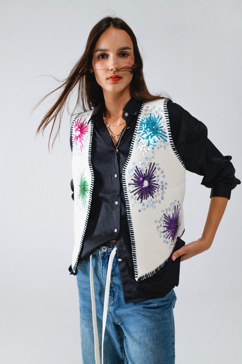 q2 women s sweater one size white firework embroidered vest in white with black trim 1577006 62367 2577000621019 41749781872898