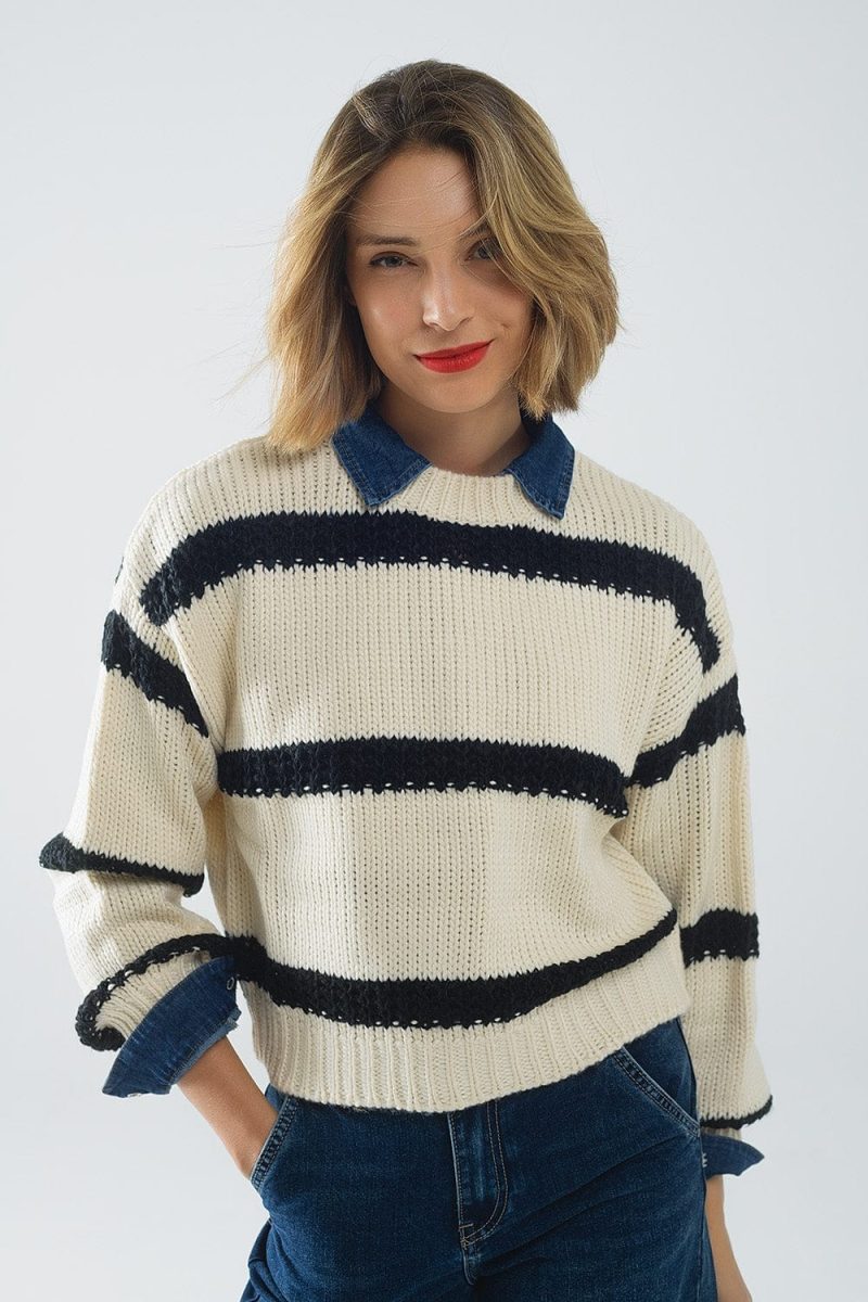 q2 women s sweater one size white relaxed beige jumper with black stripes relaxed beige jumper with black stripes 5581606 62421 2581600621010 41808927097090