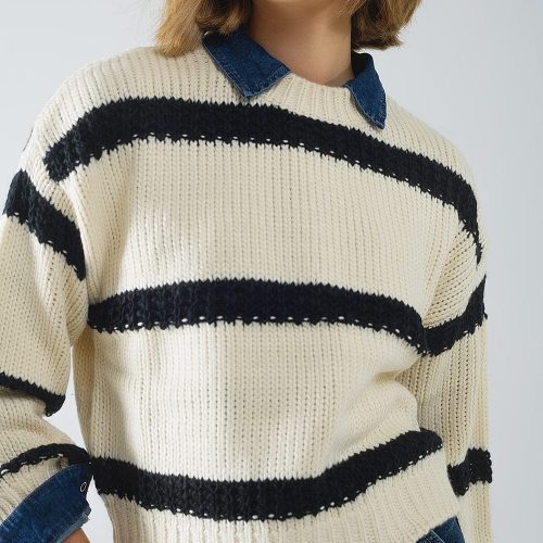 q2 women s sweater one size white relaxed beige jumper with black stripes relaxed beige jumper with black stripes 5581606 62421 2581600621010 41808927228162