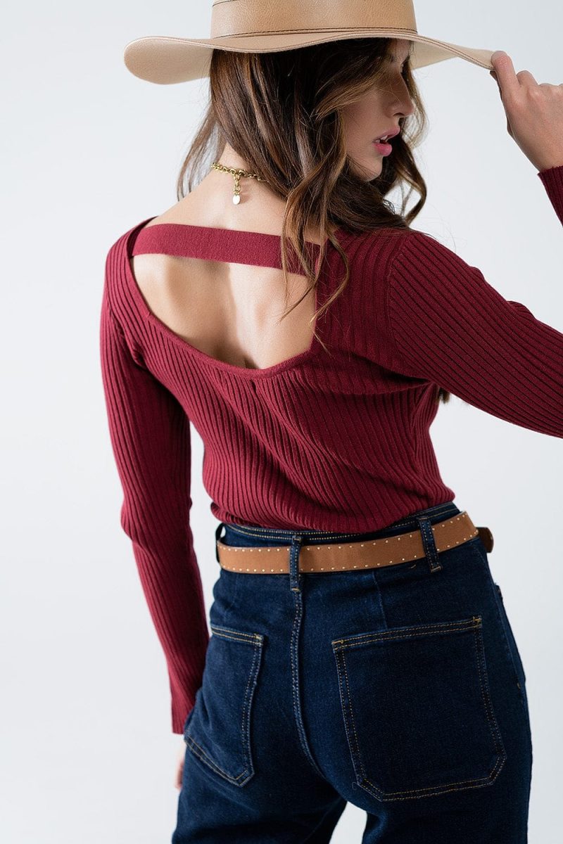 q2 women s sweater open back burgundy ribbed sweater open back burgundy ribbed sweater 42084548346114