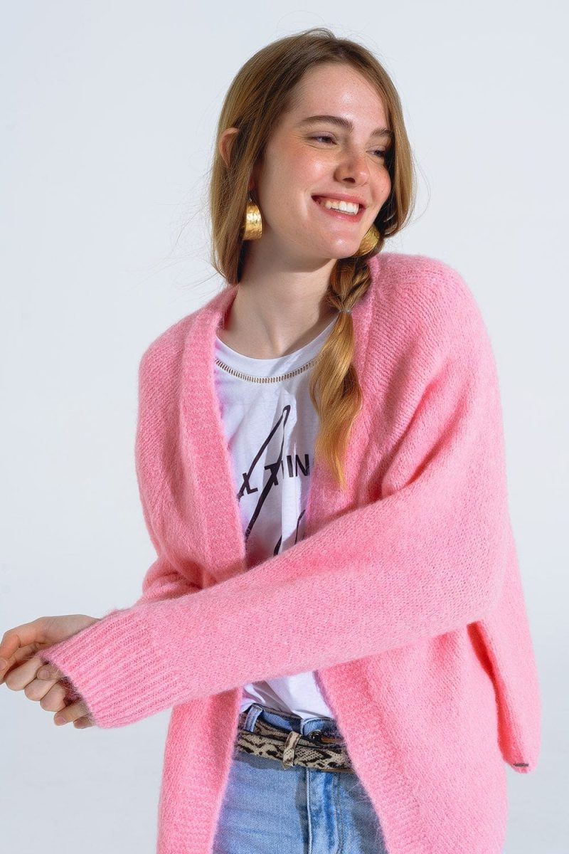 q2 women s sweater oversized fluffy knit open cardigan in pink with rib at them and cuffs oversized fluffy knit open cardigan in pink with rib at them and cuffs 40657672110338