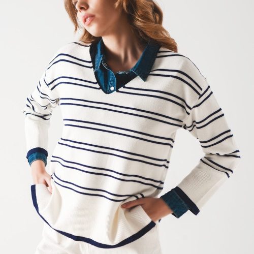 q2 women s sweater sweater in white with navy stripe sweater in white with navy stripe 39087850356994