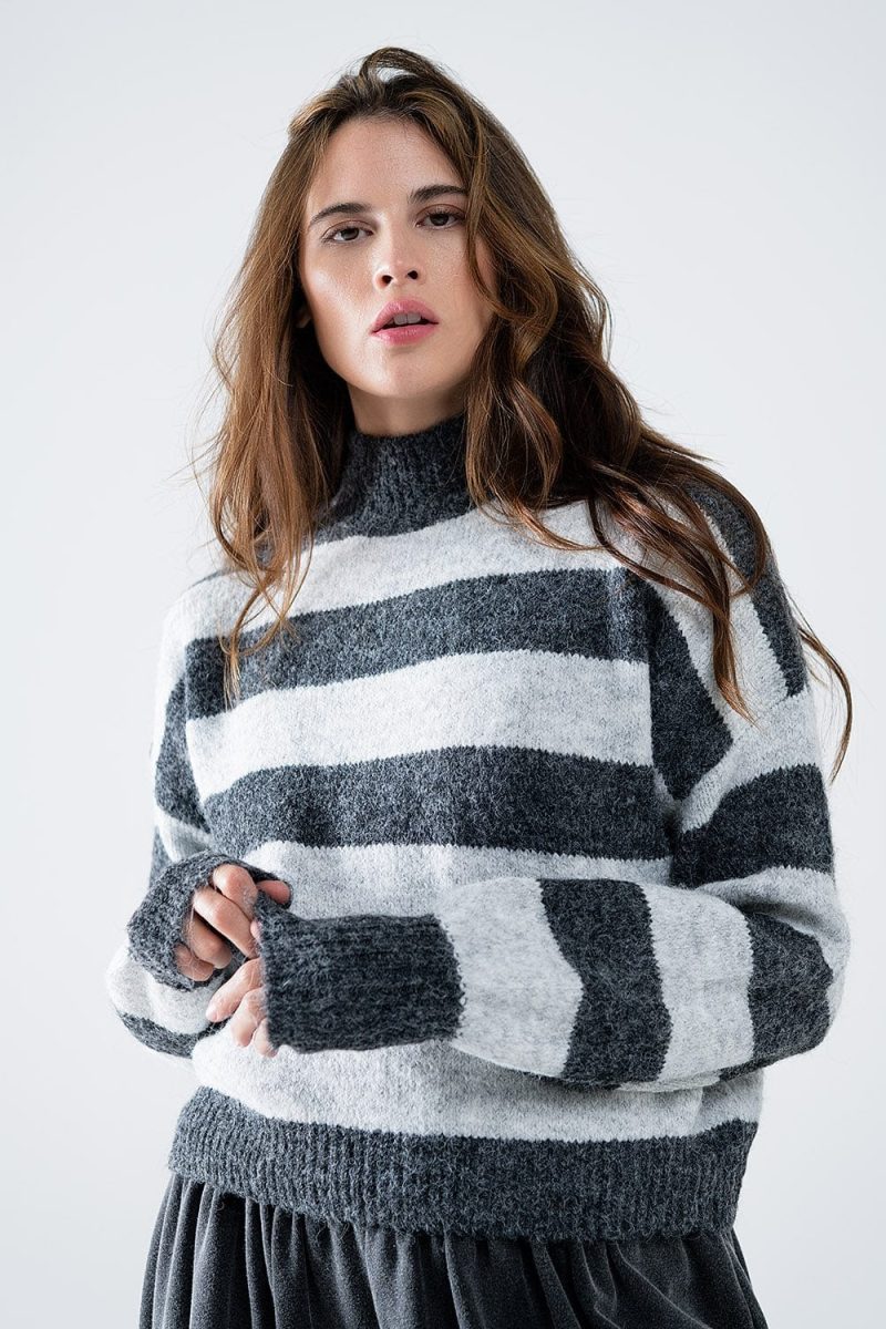 q2 women s sweater turtleneck gray striped sweater turtleneck gray striped sweater 42084484743426