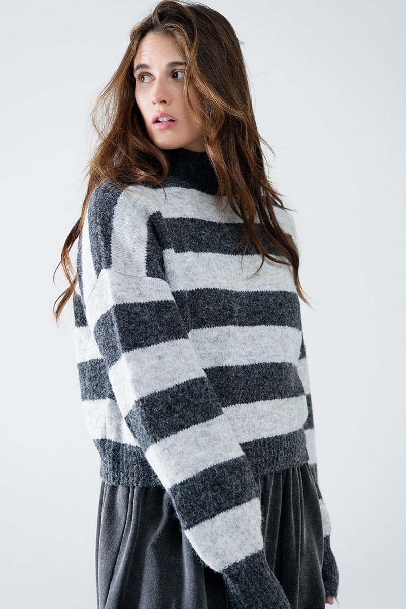 q2 women s sweater turtleneck gray striped sweater turtleneck gray striped sweater 42084484874498