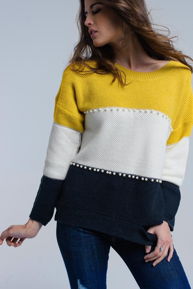 q2 women s sweater yellow knitted sweater with pearls 39086723727618