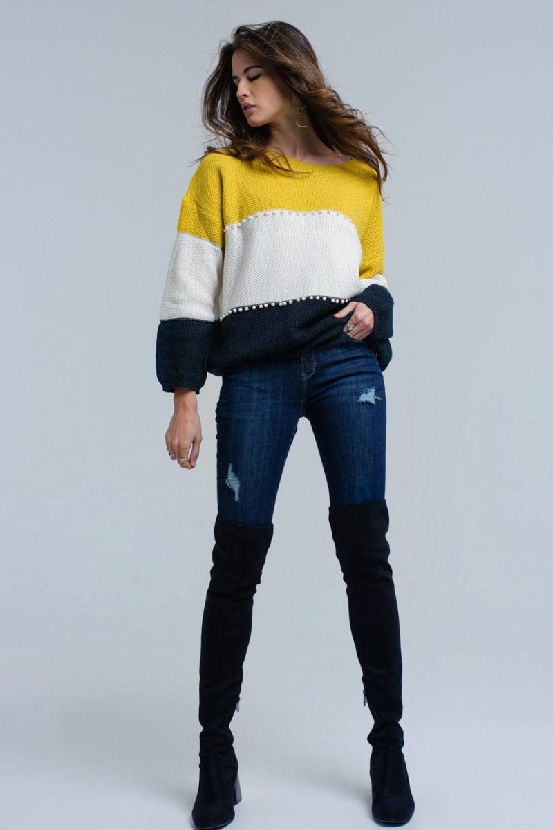 q2 women s sweater yellow knitted sweater with pearls 39086723793154