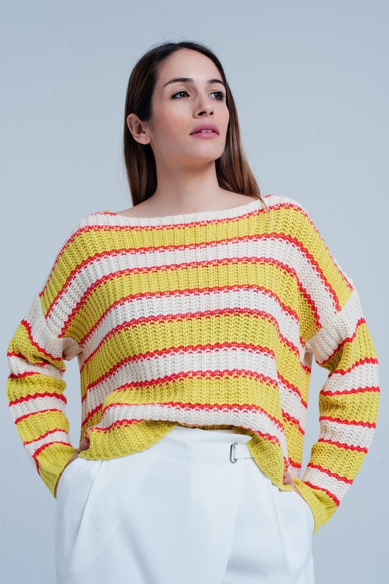 q2 women s sweater yellow striped rib stitch knitted sweater 39086829601026