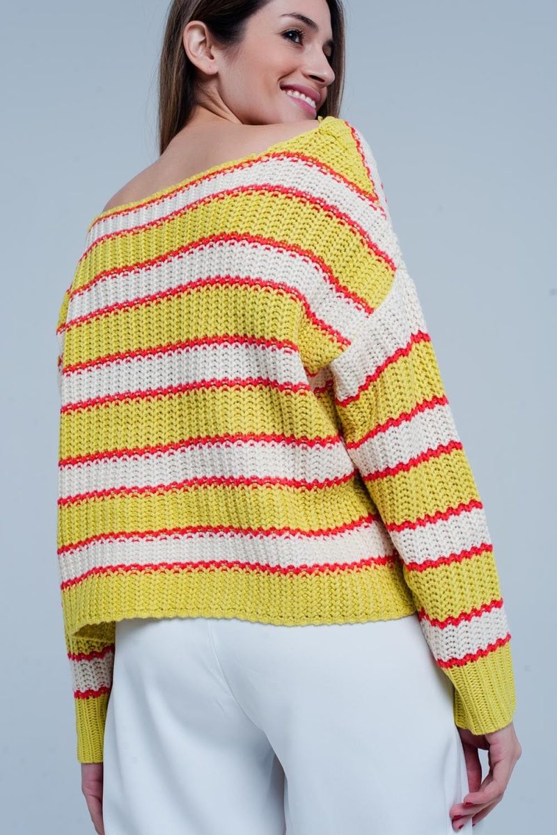 q2 women s sweater yellow striped rib stitch knitted sweater 39086829633794