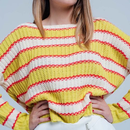 q2 women s sweater yellow striped rib stitch knitted sweater 39086829699330