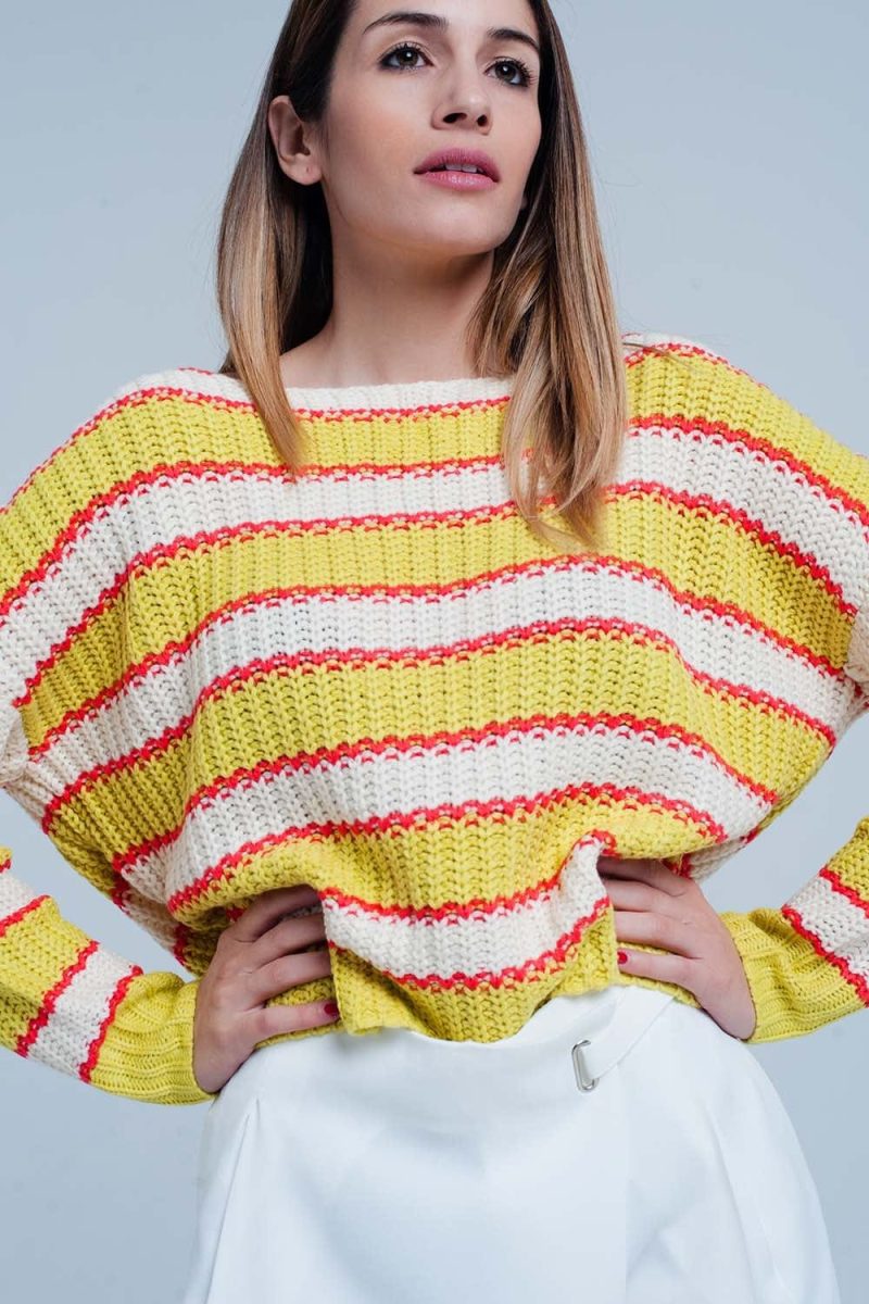 q2 women s sweater yellow striped rib stitch knitted sweater 39086829699330