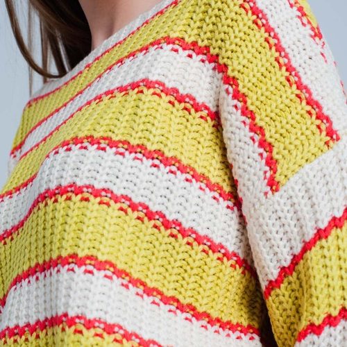 q2 women s sweater yellow striped rib stitch knitted sweater 39086829764866