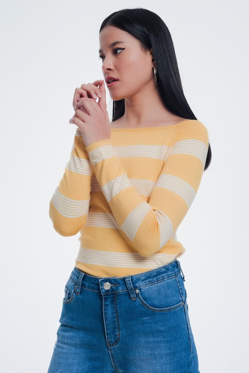 q2 women s sweater yellow striped sweater yellow striped sweater with boat neck 39086929641730