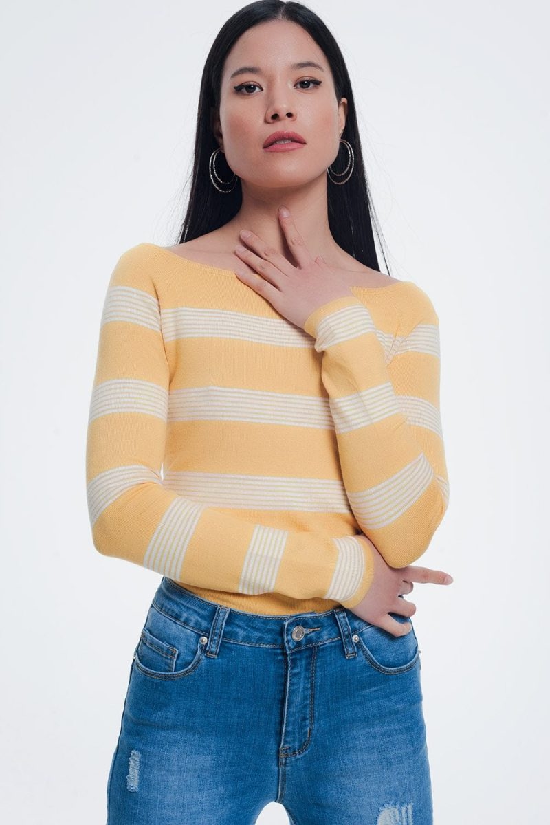 q2 women s sweater yellow striped sweater yellow striped sweater with boat neck 39086929674498