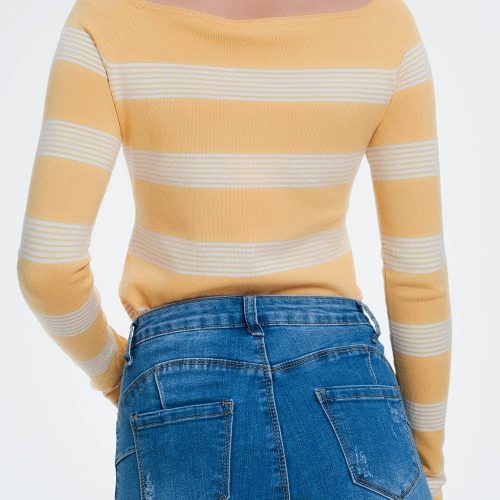 q2 women s sweater yellow striped sweater yellow striped sweater with boat neck 39086929707266