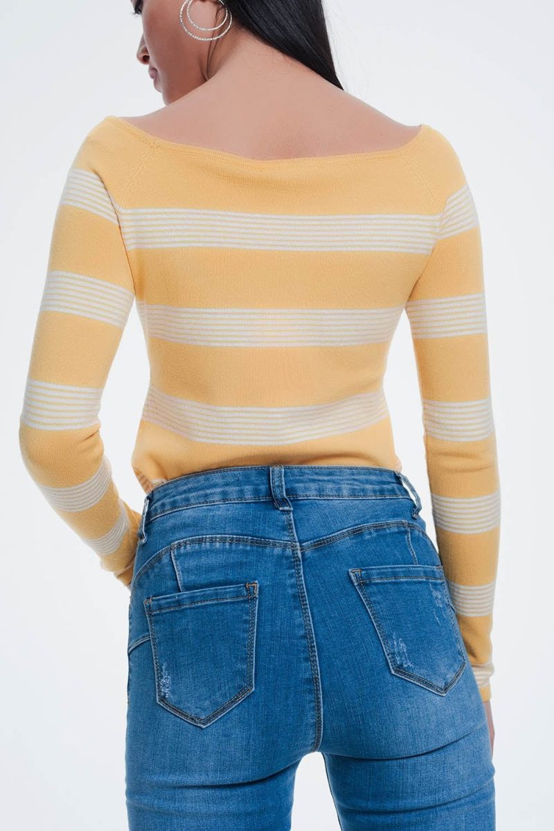 q2 women s sweater yellow striped sweater yellow striped sweater with boat neck 39086929707266