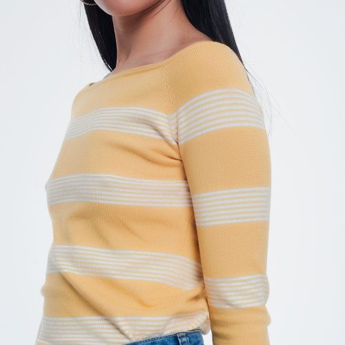 q2 women s sweater yellow striped sweater yellow striped sweater with boat neck 39086929805570