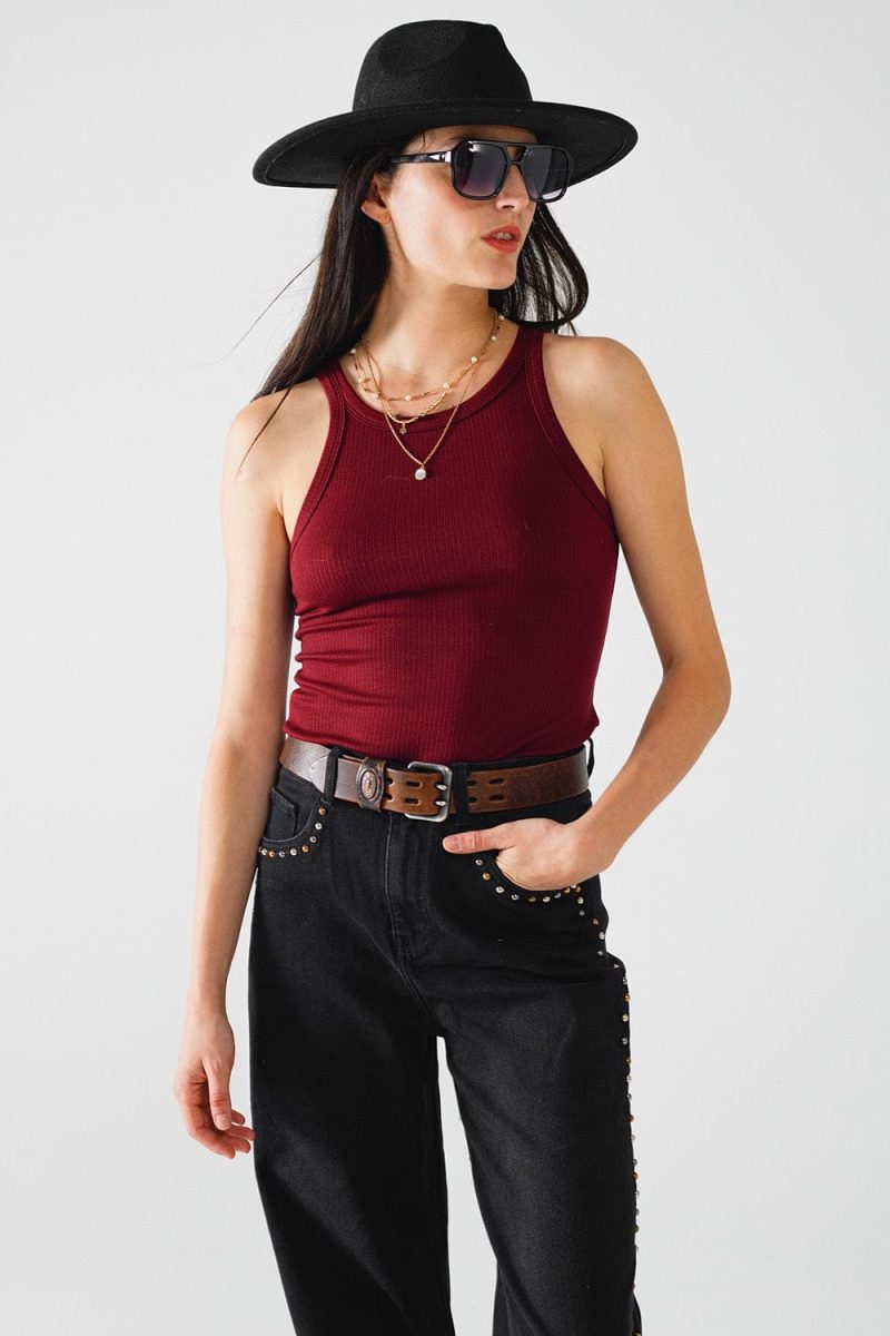 q2 women s tees tanks sleeveless burgundy top with ribbed details sleeveless burgundy top with ribbed details 41845947105538