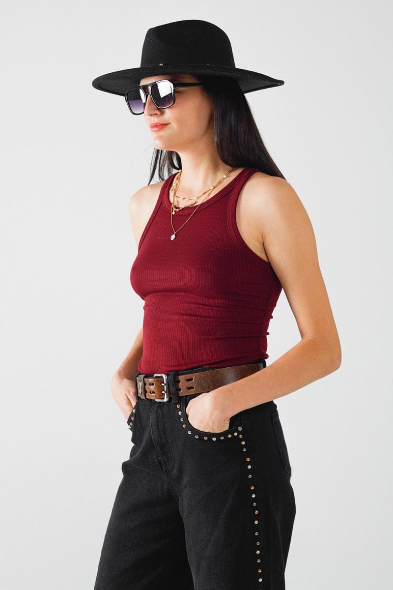 q2 women s tees tanks sleeveless burgundy top with ribbed details sleeveless burgundy top with ribbed details 41845947203842